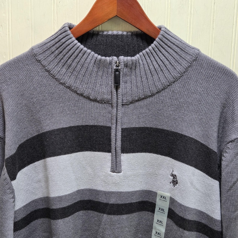 U.S. Polo Assn. Sweater Mens 2XL Gray Stripe 1/4 Zip Mock Neck Knit‎ Pullover